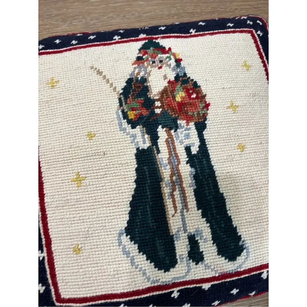 Vintage Needlepoint Santa Christmas Throw Pillows Primitive Folk Art Pair